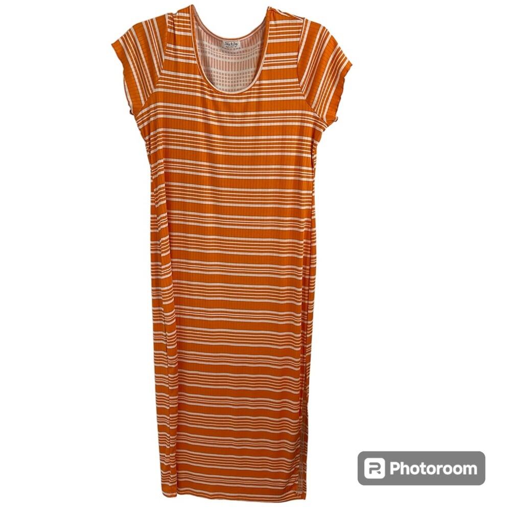Boho Summer Orange White Striped Maxi Dress Sz 1X‎ Lettuce Sleeve Side Slit Vac